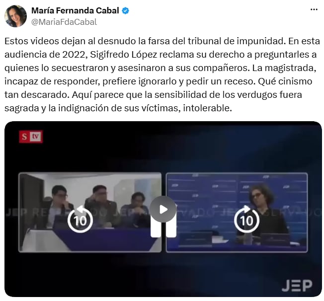 María Fernanda Cabal cuestionó la actuación de la JEP durante la audiencia de 2022, en la que López reclamó su derecho a intervenir. - crédito @MariaFdaCabal/X