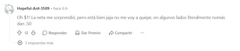 Captura de pantalla de un comentario del usuario Hopeful-Ant-3509 en una red social, con opciones para responder y compartir