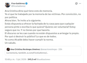 Fico Gutiérrez cuestionó la coherencia de las críticas y defendió la intervención como una acción dentro de la normatividad urbana - crédito @FicoGutierrez/X