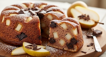 Un budín de pera y chocolate redondo con una porción cortada, espolvoreado con azúcar glass. Contiene trozos de pera y chocolate, sobre una tabla de madera con fruta.
