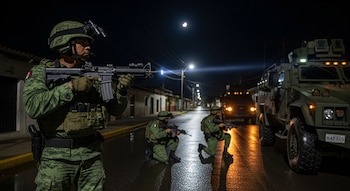 Tres soldados con uniforme de camuflaje, rifles y cascos en una calle oscura. Un soldado tiene gafas de visión nocturna. Dos vehículos militares blindados y farolas iluminan. Luna creciente.