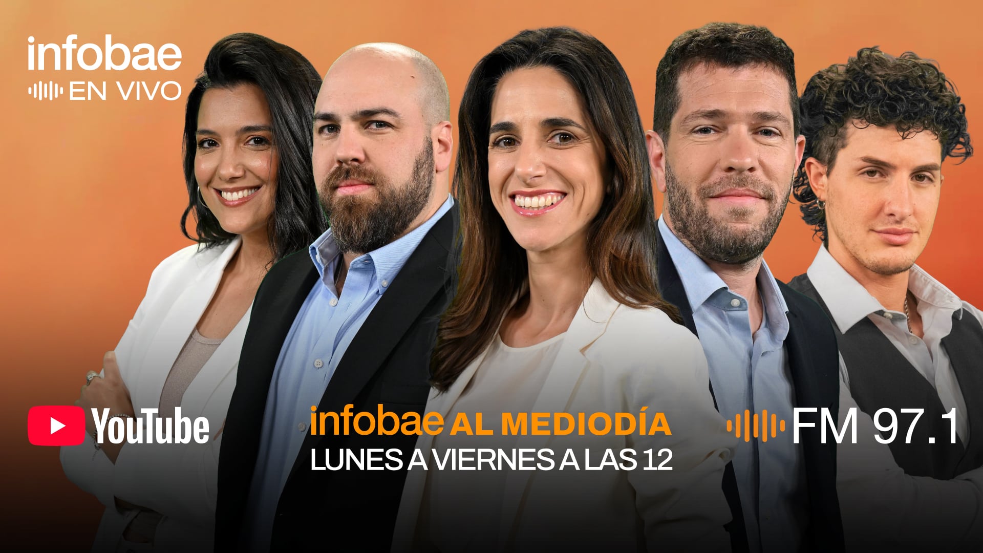 El equipo de Infobae al Mediodía, integrado por Maru Duffard, Andrei Serbin Pont, Jimena Grandinetti, Federico Mayol y Facundo Kablan, presenta su programa diario en vivo por YouTube y FM 97.1 de lunes a viernes a las 12
