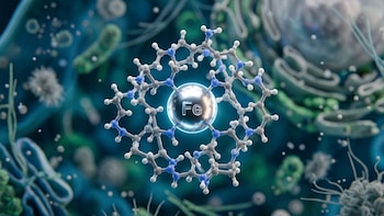 Estructura molecular tridimensional con esferas grises, blancas y azules que rodean una esfera metálica central con el símbolo químico Fe