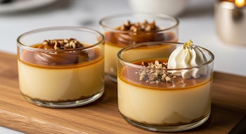 Primer plano de tres postres individuales de cajeta en vasos de vidrio, con base cremosa, salsa de caramelo, nueces y uno con crema batida y oro.