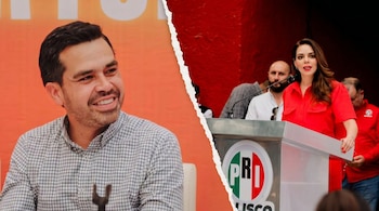 Imagen dividida: Hombre sonriente con barba a la izquierda. A la derecha, mujer con blusa roja en un podio con el logo del PRI Jalisco.