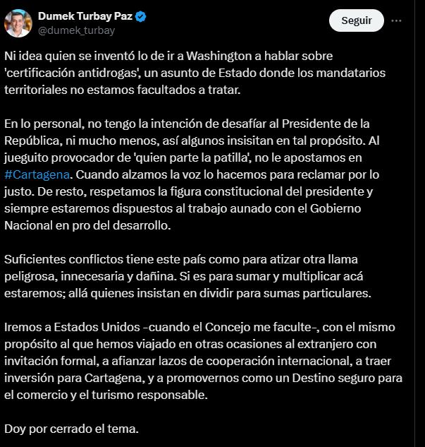 Alcalde de Cartagena decidió no ir a Washington para evitar problemas con el Gobierno Petro - crédito @dumek_turbay/X