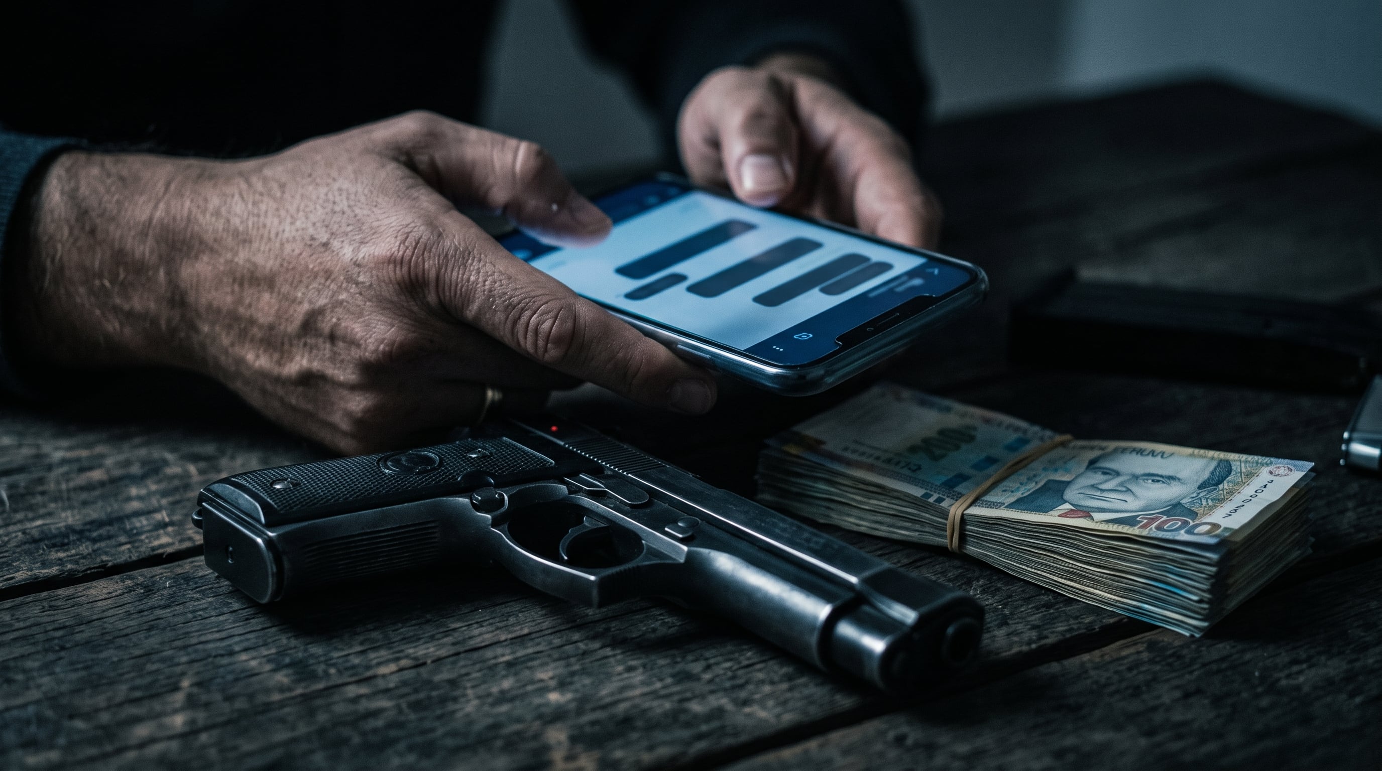 Un hombre maneja un teléfono inteligente junto a una pistola semiautomática y fajos de billetes de soles peruanos sobre una mesa de madera. (Imagen Ilustrativa Infobae)
