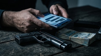 Manos sosteniendo un teléfono móvil cerca de una pistola negra y fajos de billetes de soles peruanos sobre una mesa de madera.