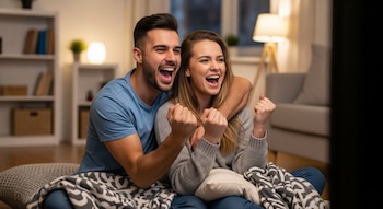 Jovem casal sentado no chão em frente à TV, abraçados e gritando, com travesseiros e cobertores na sala.