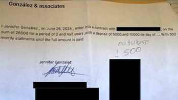 Documento impreso en inglés con membrete, texto contractual, una firma manuscrita, anotaciones a mano y varias secciones cubiertas de negro