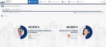 Interfaz web de ONPE mostrando resultados electorales presidenciales de Perú; se observan las fotos y porcentajes de voto de Roberto Sánchez Palomino (50.072%) y Keiko Fujimori (49.928%)