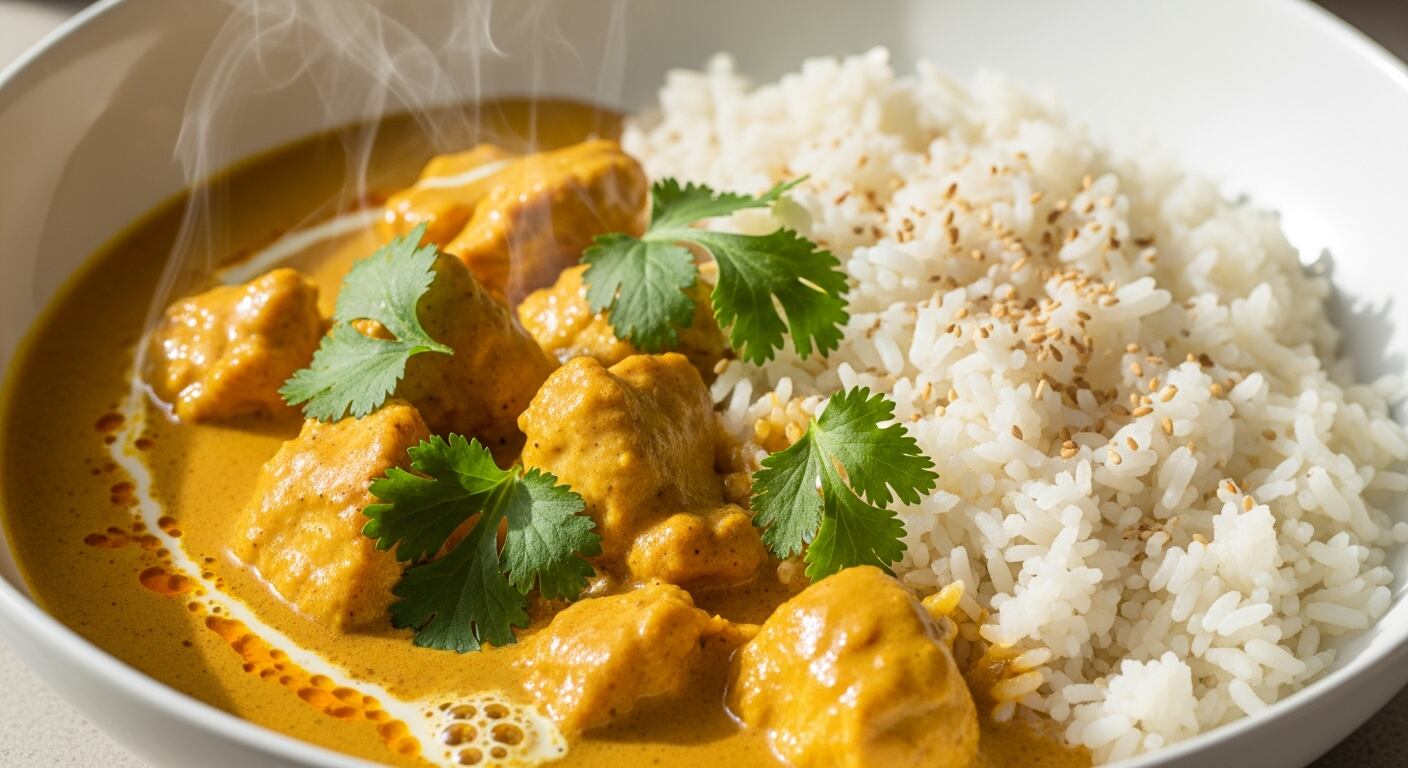 El pollo al curry combina pechuga en cubos, curry en polvo, leche de coco, cebolla y ajo en una sola sartén - (Imagen Ilustrativa Infobae)
