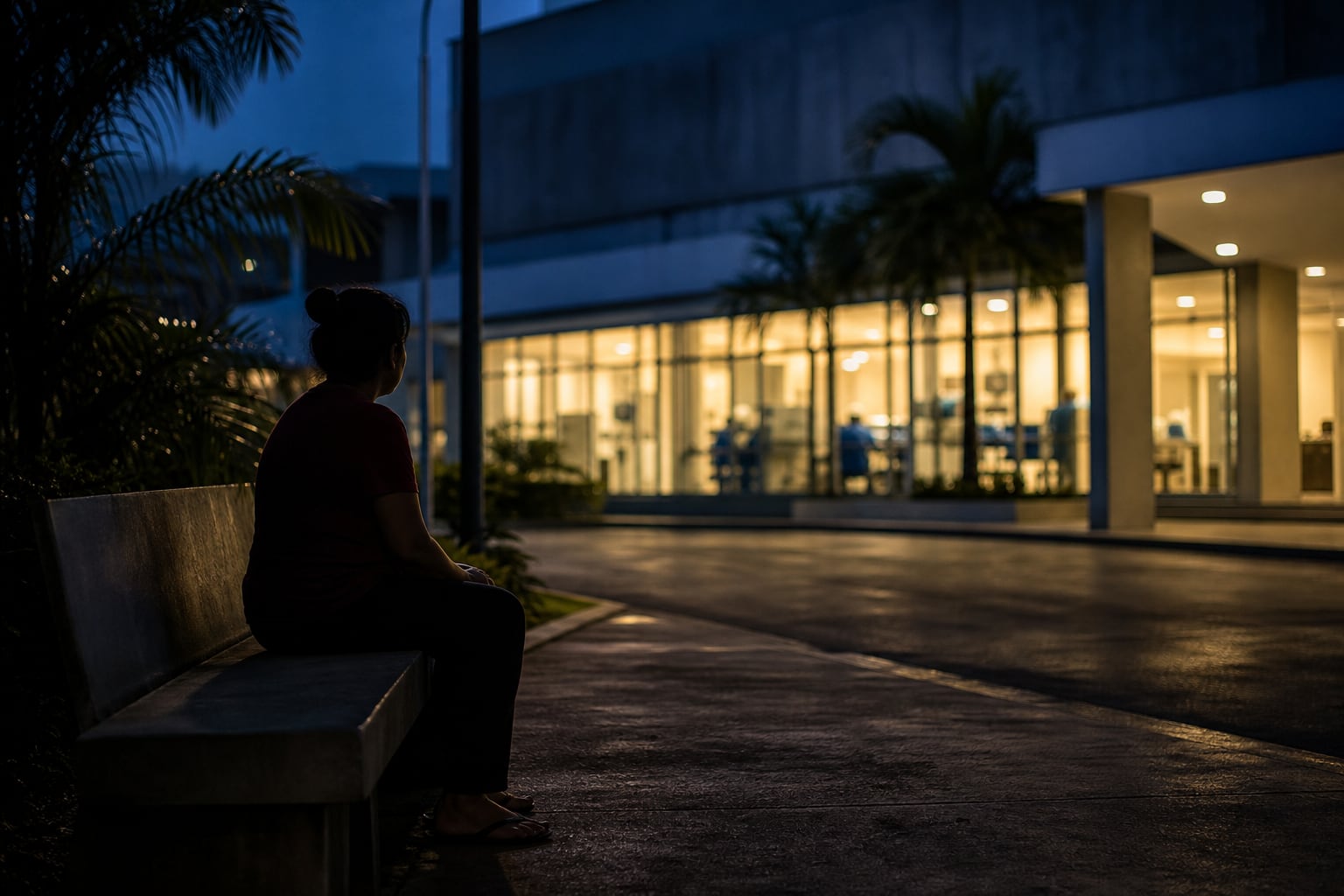 Una persona permanece sentada en el exterior de un hospital durante la noche a la espera de información médica. (Imagen Ilustrativa Infobae)