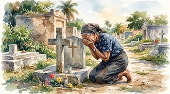Ilustración en acuarela de una mujer arrodillada cubriéndose la cara frente a una lápida con una cruz, junto a tumbas y palmeras.
