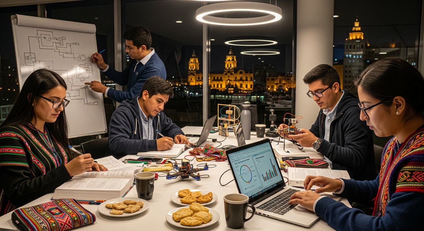 Estudiantes universitarios peruanos desarrollan proyectos de tecnología e innovación en un espacio de trabajo con vistas a edificios históricos de Lima. (Imagen Ilustrativa Infobae)