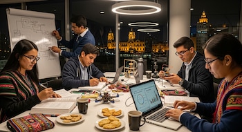 Cinco estudiantes en una mesa con laptops, libros, componentes electrónicos y un pizarrón con diagramas, con la ciudad de fondo iluminada de noche.