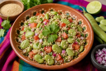 Tazón de barro con ensalada de habas verdes, amaranto, tomate y cebolla, junto a ingredientes en recipientes sobre una tela multicolor.