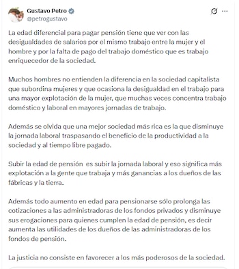El expresdiente de la República vinculó la diferencia de edad para acceder a la pensión con la brecha de ingresos entre hombres y mujeres y con las tareas del hogar sin remuneración - crédito @petrogustavo/X