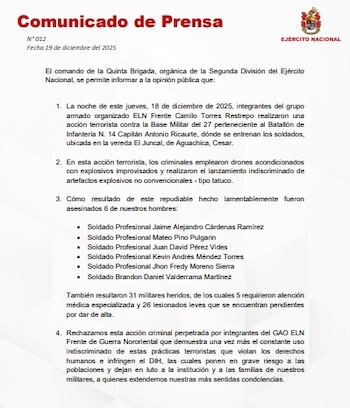 Comunicado Ejército Nacional - Atentado