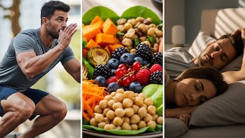 Hombre con ropa deportiva haciendo ejercicio. Plato con garbanzos, bayas, zanahoria, calabaza, coles de Bruselas. Hombre y mujer durmiendo en cama