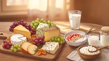 Ilustración con diversos tipos de queso, uvas, un tazón de yogur con fresas y vasos de leche sobre una mesa de madera.
