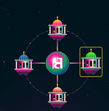 Logotipo central dentro de un círculo rodeado por cuatro pabellones con cúpula sobre una línea orbital y fondo oscuro estrellado