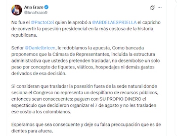 La congresista Ana Erazo informó que se presentó una proposición para evitar que al Cámara pague el viaje de los congresistas a Cali para la posesión de Abelardo de la Espriella - crédito @AnaErazoR/X
