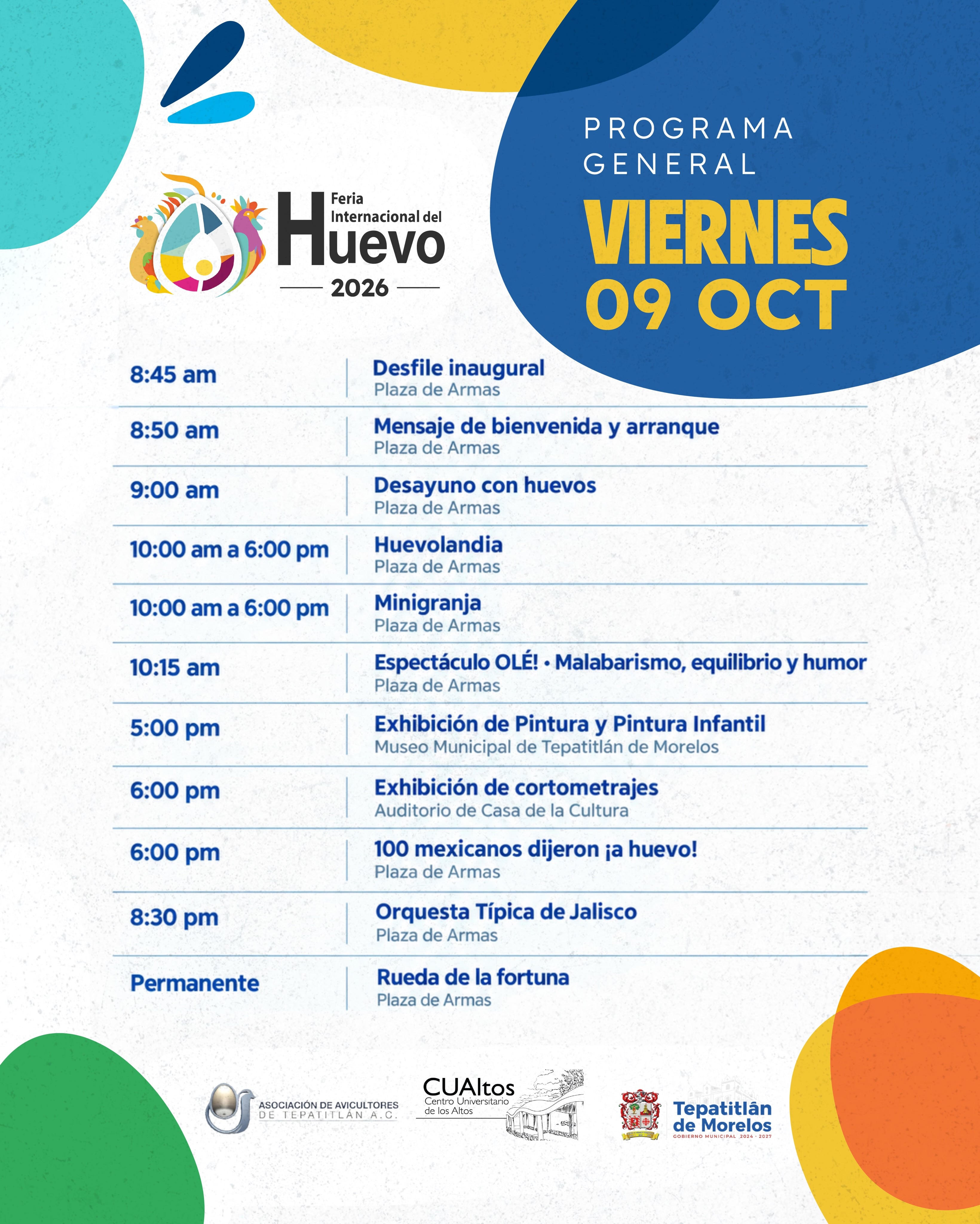 El programa de la Feria Internacional del Huevo 2026 en Tepatitlán de Morelos detalla los eventos culturales y recreativos previstos para el viernes 9 de octubre. (Feria del Huevo (Redes sociales) )