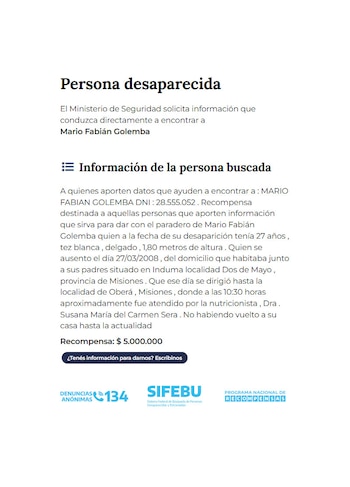 Misiones desaparecido recompensa