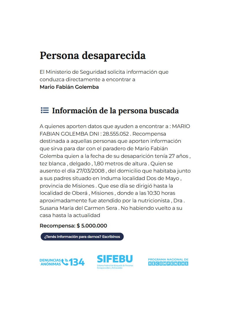 El Gobierno mantiene activa la recompensa de cinco millones de pesos (Ministerio de Seguridad Nacional)