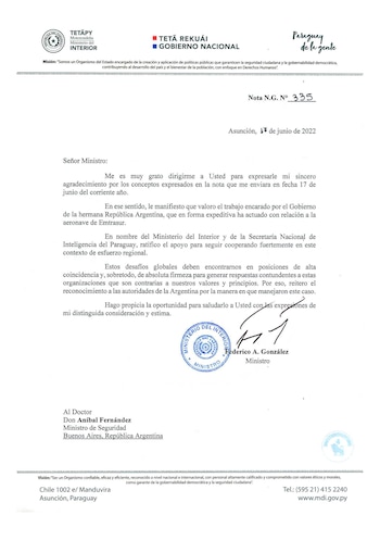 Carta del Ministro del Interior
