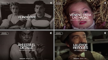 Cuatro carteles de cine. Cada uno con una imagen de película, título, director, año y fecha de exhibición. Logo Cineteca Nacional Chapultepec.