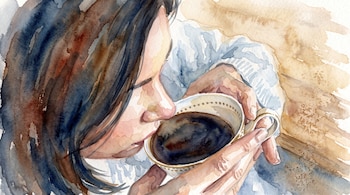 Pintura en acuarela de una mujer de cabello oscuro que sostiene con las manos una taza llena de líquido oscuro cerca de su rostro.