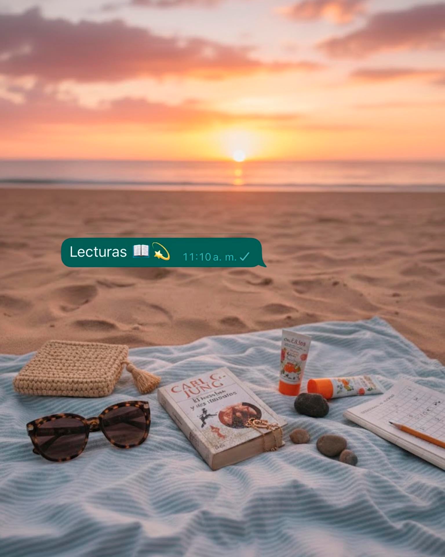 En medio de la tranquilidad de la playa, la conductora se mostró disfrutando de la lectura de un libro de Jung y el hermoso atardecer durante sus merecidas vacaciones