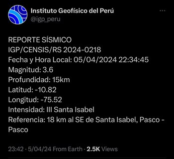 IGP reportó sismo en Pasco.