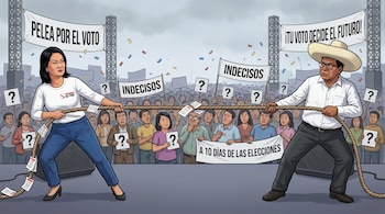 Caricatura de Keiko Fujimori y Roberto Sánchez tirando una cuerda. Detrás, una multitud de votantes indecisos con carteles de interrogación.