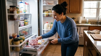 Una mujer con suéter azul guarda una bandeja de carne cruda dentro de un refrigerador abierto con diversos alimentos.