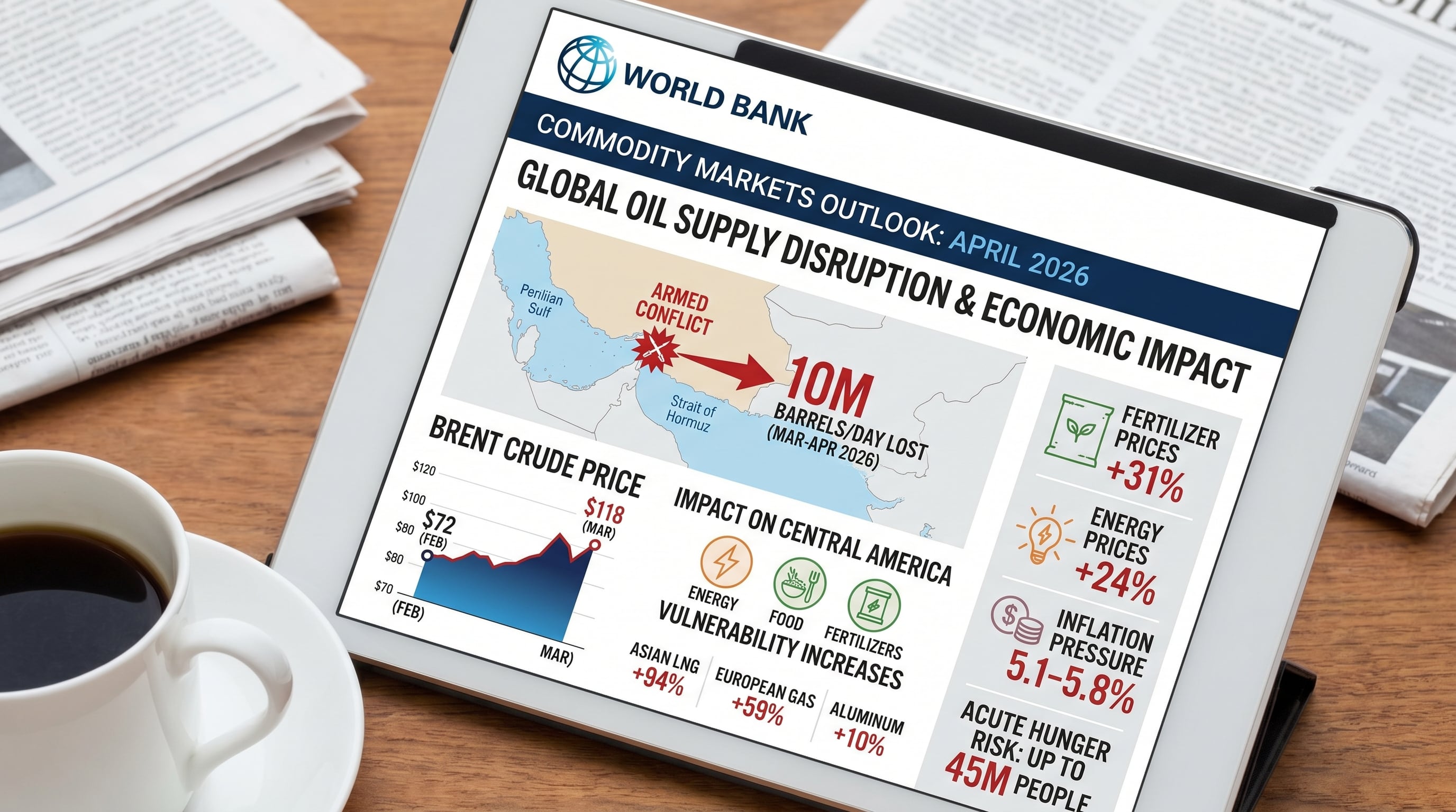 El informe del Banco Mundial de abril de 2026 detalla cómo la disrupción en el Estrecho de Ormuz causó una pérdida de 10 millones de barriles diarios y elevó los precios del crudo, con graves implicaciones para Centroamérica. (Imagen Ilustrativa Infobae)