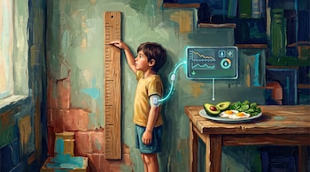 Ilustración de un niño junto a una regla de madera, una pantalla con gráficos, un sensor en su brazo y un plato con huevos, aguacate y verduras.