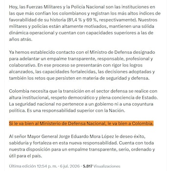 Pedro Sánchez aseguró que entregará unas Fuerzas Militares y una Policía con altos niveles de favorabilidad ciudadana y confirmó que ya iniciaron las mesas técnicas de empalme con Jorge Mora - crédito @PedroSanchezCol/X