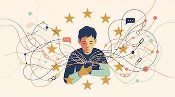 Dibujo de una persona joven con un teléfono inteligente rodeada de líneas entrelazadas, íconos y doce estrellas en círculo.