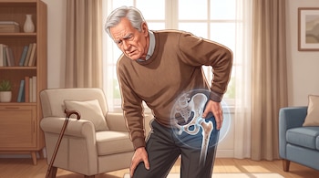 Hombre mayor de suéter marrón y pantalón oscuro se inclina con las manos en su rodilla y cadera, con vista transparente de fractura de fémur. Hay un bastón y muebles.