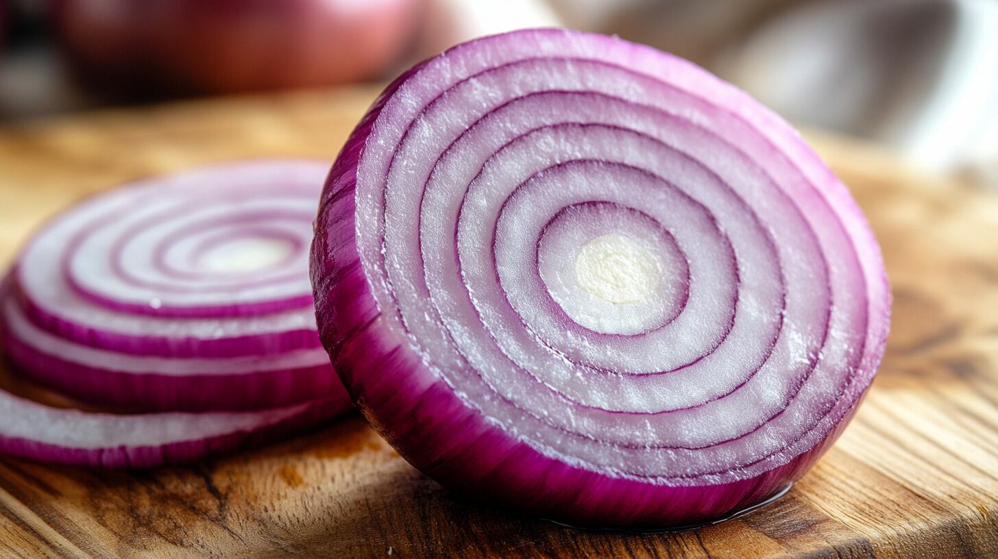 Mitades y rodajas de cebolla morada fresca sobre una tabla de madera, resaltando su tono púrpura profundo. – (Imagen Ilustrativa Infobae)