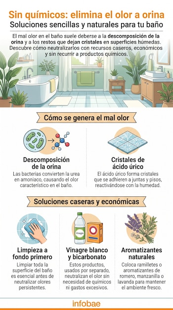 Infografía con ilustraciones de un baño, bacterias, moléculas, azulejos, un paño de limpieza, un frasco de vinagre, bicarbonato y plantas.