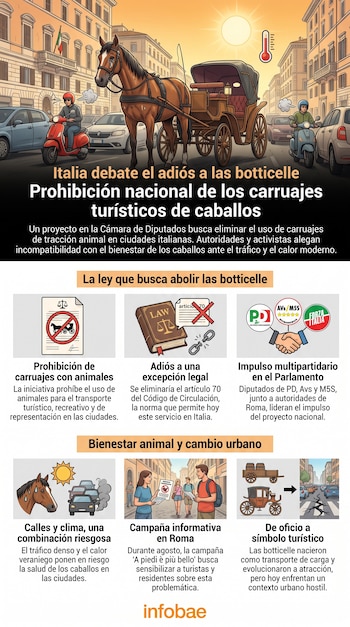 Infografía: un carruaje de caballos en una calle de ciudad con vehículos, edificios con bandera italiana, un sol, termómetro y texto sobre ley.