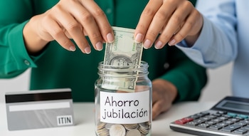 Primer plano de manos depositando dinero en un frasco de vidrio transparente rotulado 'Ahorro jubilación'; una tarjeta ITIN y una calculadora desenfocadas de fondo.