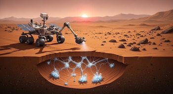 Rover espacial con paneles solares y brazo robótico en una superficie marciana de color rojizo. Sección transversal del suelo muestra cristales ramificados.