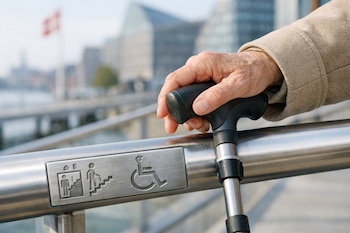 Primer plano de una mano arrugada de adulto mayor que sostiene un bastón sobre una baranda de acero inoxidable con símbolos de accesibilidad, fondo urbano danés borroso.