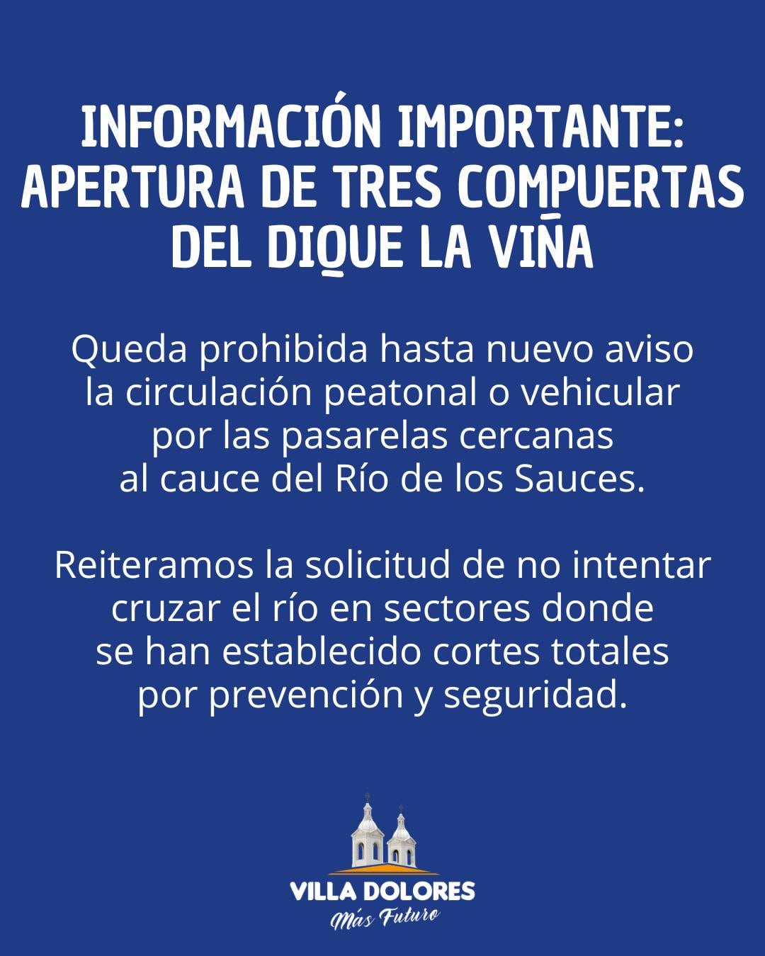 El aviso de las autoridades de Villa Dolores ante la apertura de las compuertas y la crecida del río Los Sauces (Facebook Municipalidad de Villa Dolores)