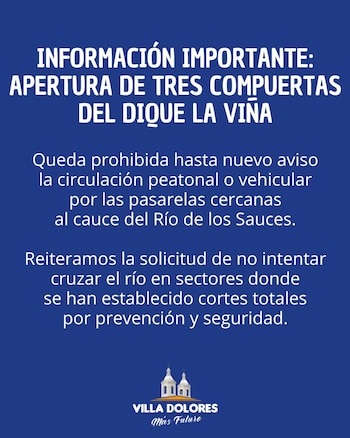 El aviso de las autoridades de Villa Dolores ante la apertura de las compuertas y la crecida del río Los Sauces (Facebook Municipalidad de Villa Dolores)
